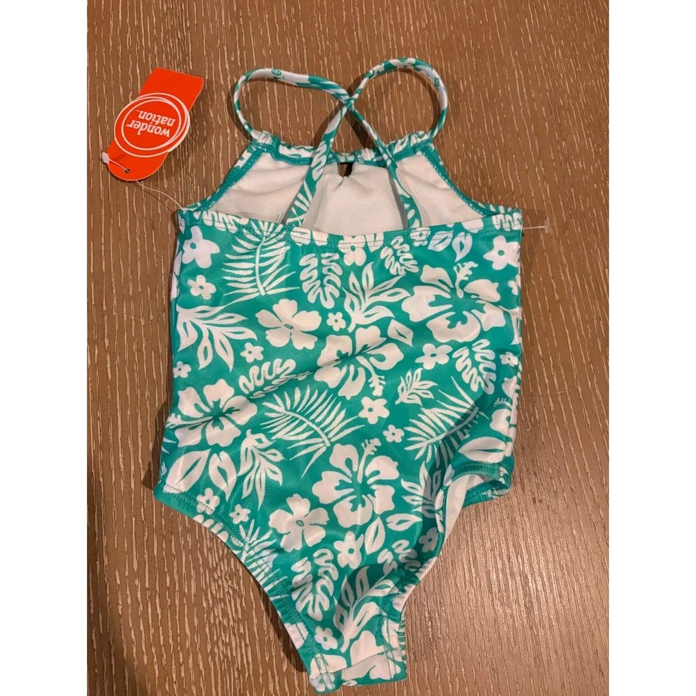 Wonder Nation Girls 2T One Piece Swimsuit Tropical Floral Green‎ White NWT